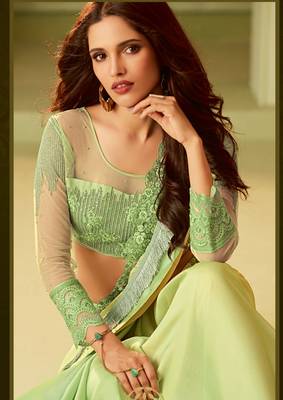 Multicolor embroidered satin saree with blouse 3