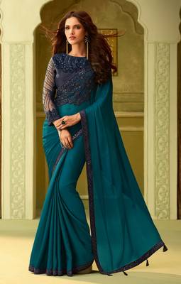 Blue embroidered satin saree with blouse 1