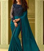 Blue embroidered satin saree with blouse
