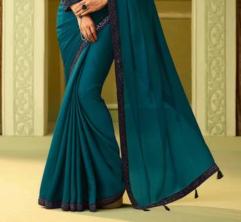 Blue embroidered satin saree with blouse 2