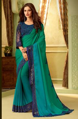 Green embroidered satin saree with blouse 1