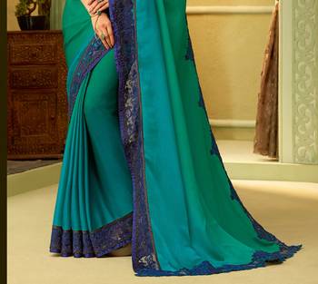 Green embroidered satin saree with blouse 2