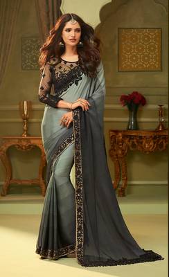 Grey embroidered satin saree with blouse 1
