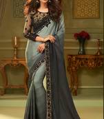 Grey embroidered satin saree with blouse