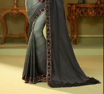 Grey embroidered satin saree with blouse 2