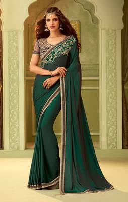 Green embroidered satin saree with blouse 1
