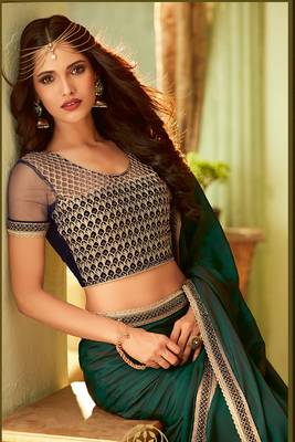 Green embroidered satin saree with blouse 3
