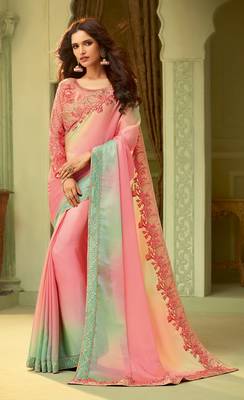 Pink embroidered satin saree with blouse 1
