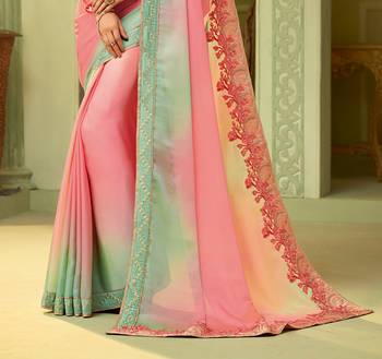 Pink embroidered satin saree with blouse 2
