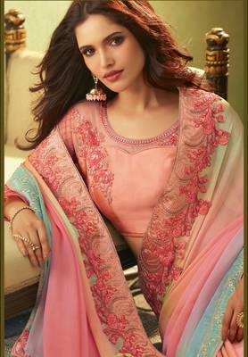 Pink embroidered satin saree with blouse 3