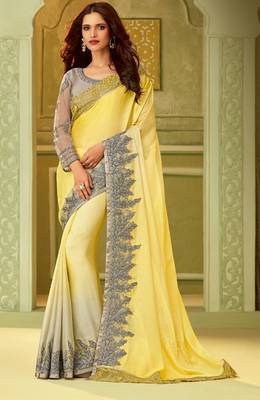 Yellow embroidered satin saree with blouse 1