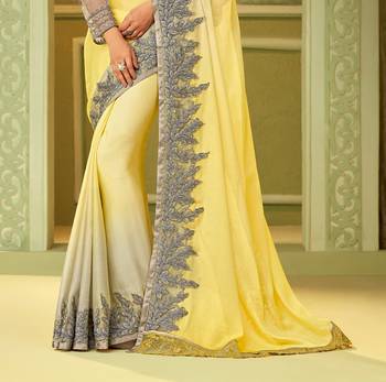 Yellow embroidered satin saree with blouse 2