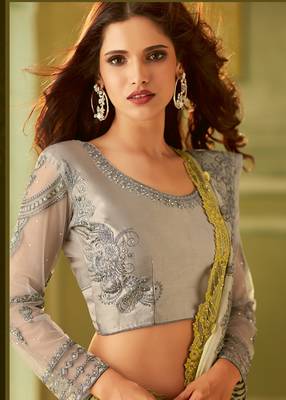 Yellow embroidered satin saree with blouse 3