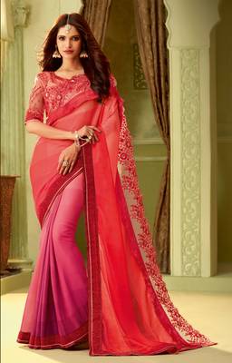 Pink embroidered satin saree with blouse 1