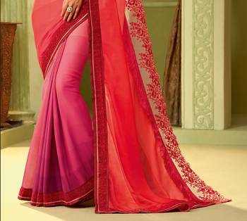 Pink embroidered satin saree with blouse 2