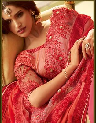 Pink embroidered satin saree with blouse 3
