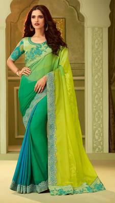 Green embroidered satin saree with blouse 1
