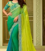 Green embroidered satin saree with blouse