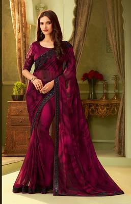 Purple embroidered satin saree with blouse 1