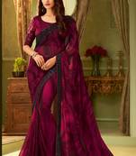 Purple embroidered satin saree with blouse