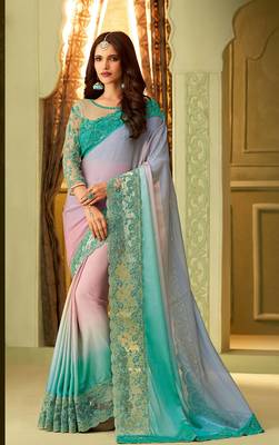 Multicolor embroidered satin saree with blouse 1