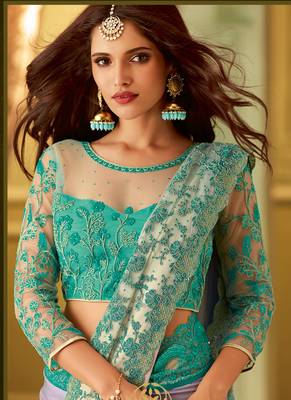 Multicolor embroidered satin saree with blouse 3