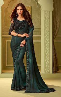 Green embroidered satin saree with blouse 1