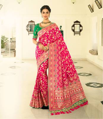 Rani Pink Embroidered Banarasi Silk Saree With Blouse 1