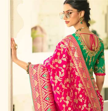 Rani Pink Embroidered Banarasi Silk Saree With Blouse 2
