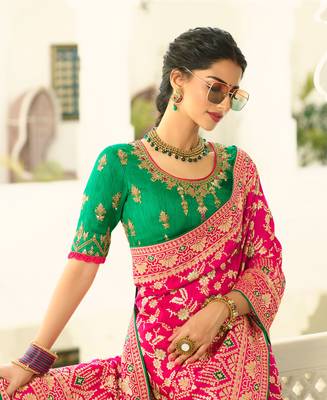 Rani Pink Embroidered Banarasi Silk Saree With Blouse 3