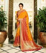 Orange Embroidered Banarasi Silk Saree With Blouse