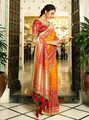 Orange Embroidered Banarasi Silk Saree With Blouse 2