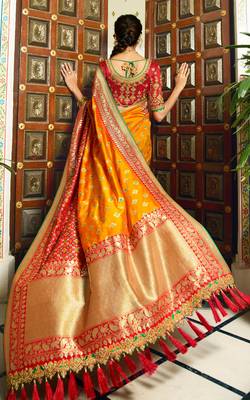 Orange Embroidered Banarasi Silk Saree With Blouse 3