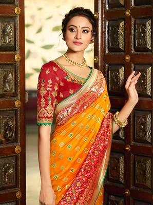 Orange Embroidered Banarasi Silk Saree With Blouse 4