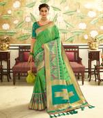 Parrot Green Embroidered Banarasi Silk Saree With Blouse