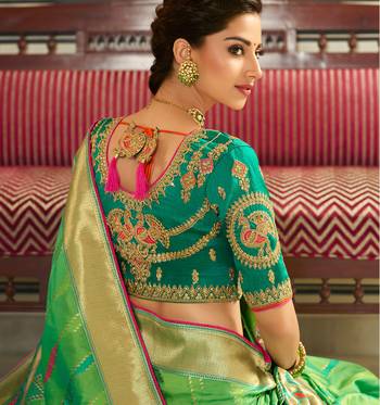 Parrot Green Embroidered Banarasi Silk Saree With Blouse 2
