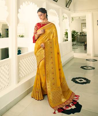 Mustard Embroidered Banarasi Silk Saree With Blouse 1
