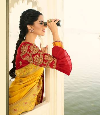 Mustard Embroidered Banarasi Silk Saree With Blouse 3