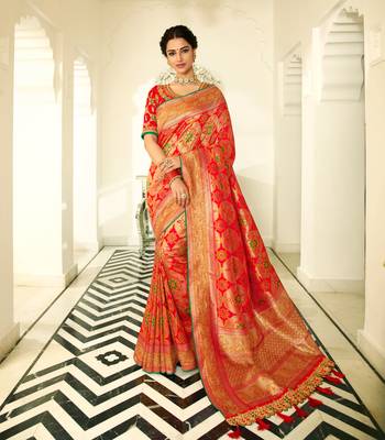 Orange Embroidered Banarasi Silk Saree With Blouse 1