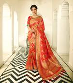 Orange Embroidered Banarasi Silk Saree With Blouse