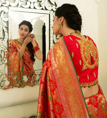 Orange Embroidered Banarasi Silk Saree With Blouse 2