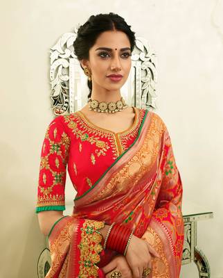 Orange Embroidered Banarasi Silk Saree With Blouse 3