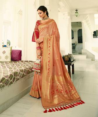 Peach Embroidered Banarasi Silk Saree With Blouse 1