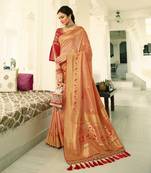 Peach Embroidered Banarasi Silk Saree With Blouse