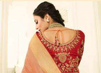 Peach Embroidered Banarasi Silk Saree With Blouse 2