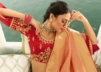 Peach Embroidered Banarasi Silk Saree With Blouse 3