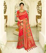 Red Embroidered Banarasi Silk Saree With Blouse