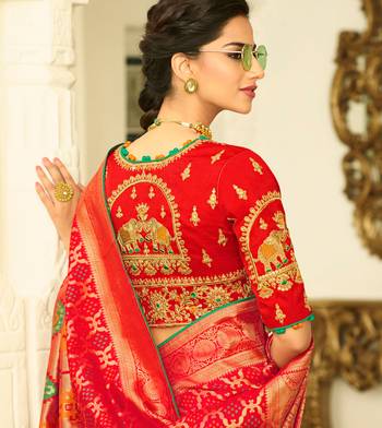 Red Embroidered Banarasi Silk Saree With Blouse 2