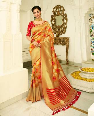 Mustard Embroidered Banarasi Silk Saree With Blouse 1
