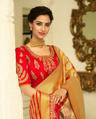 Mustard Embroidered Banarasi Silk Saree With Blouse 3